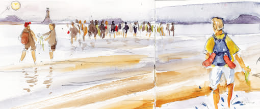 Sonne, Strand und Meer unterwegs einfach skizziert